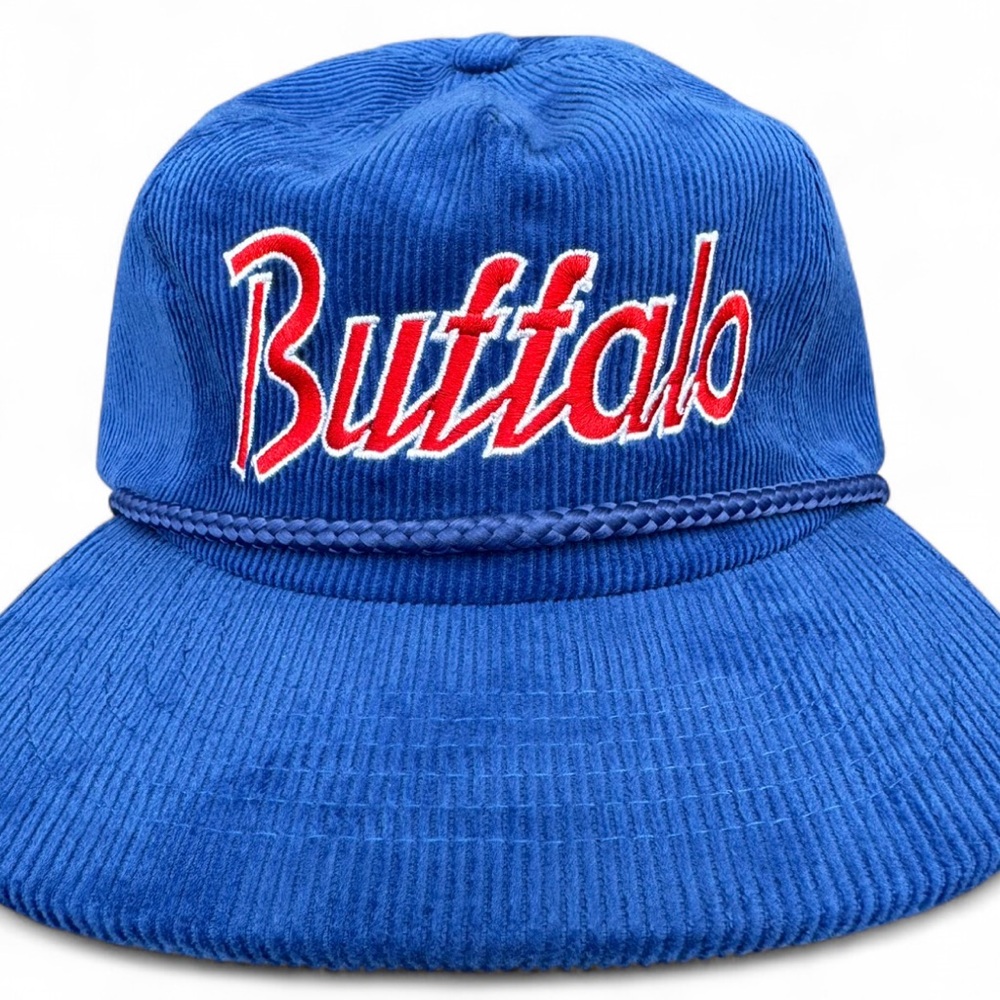 Blue Corduroy Hat with Red Buffalo Embroidery